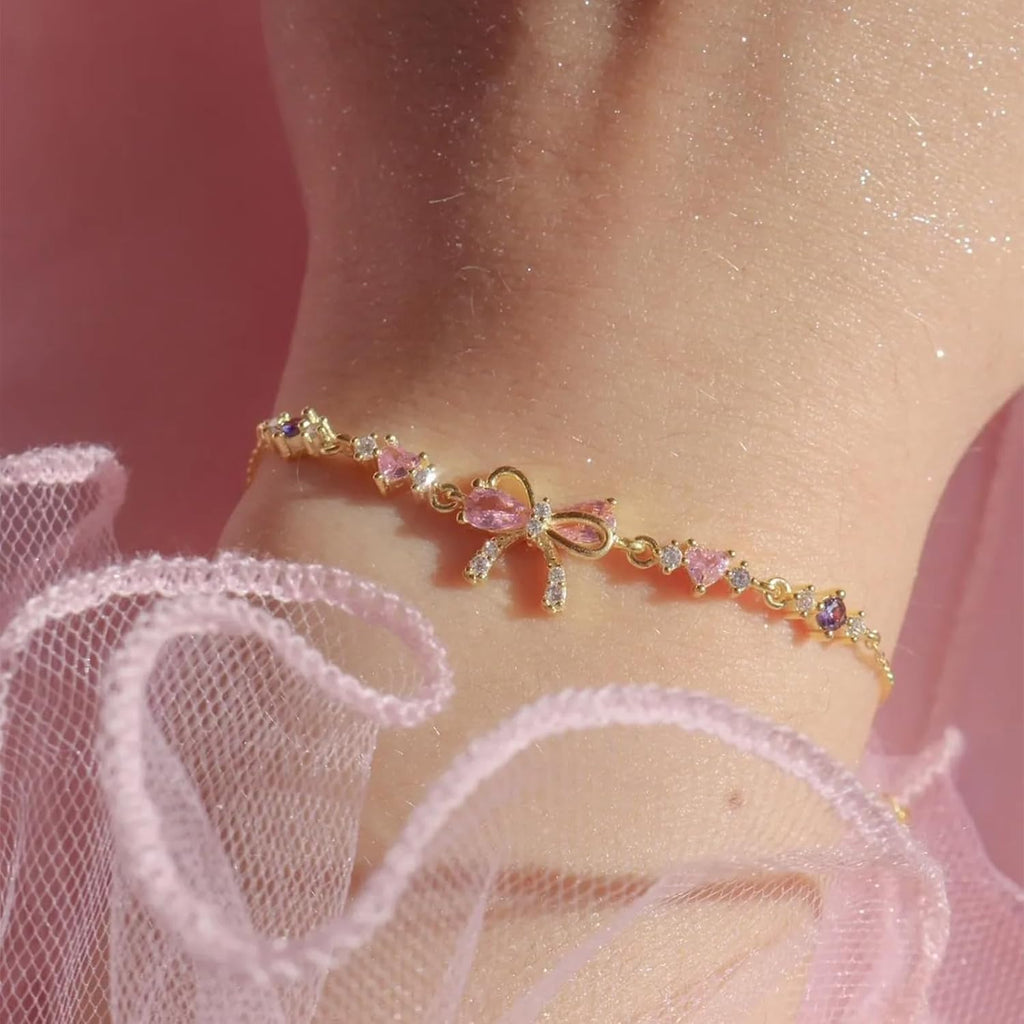 Bracciale Fiocco Di Zircone Amicizia, Braccialetto Con Fiocco, Elegante Bracciale Da Donna, Elegante Cuore E Fiocco Bracciali Catena a Mano Regolabile, Donna Catena Da Polso Moda