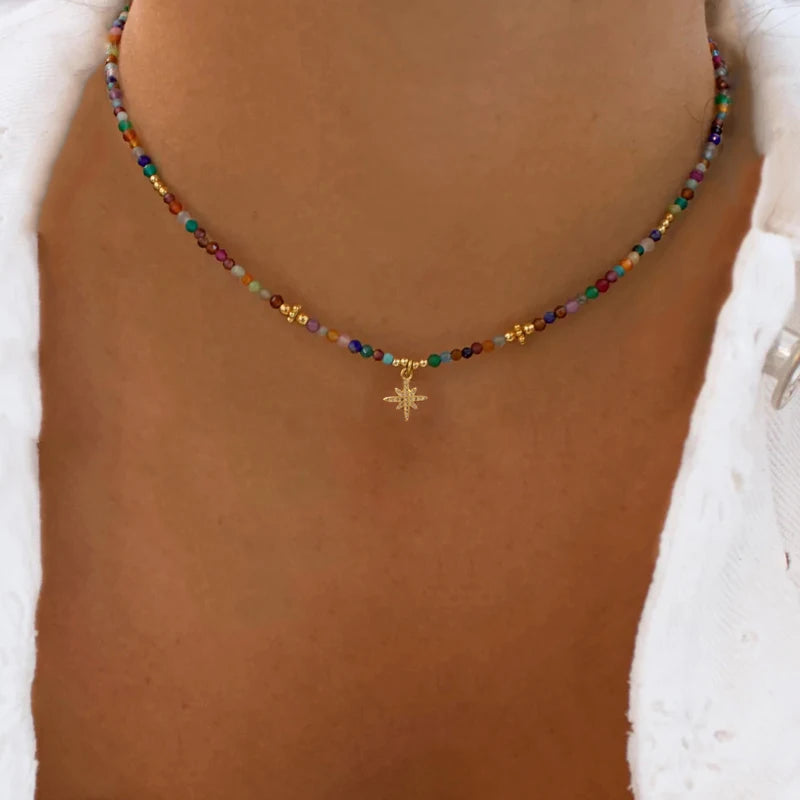 Creative Design Natural Stone Necklace Short Necklace Retro Ethnic Pink Green Black Red Natural Stone Pendant Women Jewelry