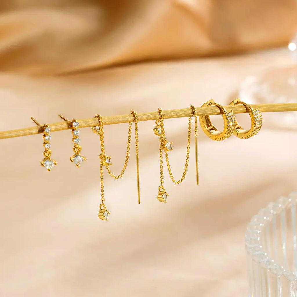 14K Gold Plated Chain Earrings for Women Dangle Dainty Hoop Earrings Set Cubic Zirconia Stud Earrings for Women