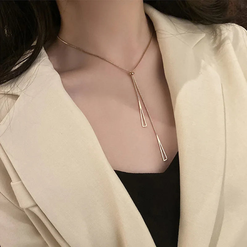 Adjustable Stainless Steel Neckalce Geometric Hollow Triangle Tassels Pendant Clavicle Necklace for Women Wedding Jewelry Gifts