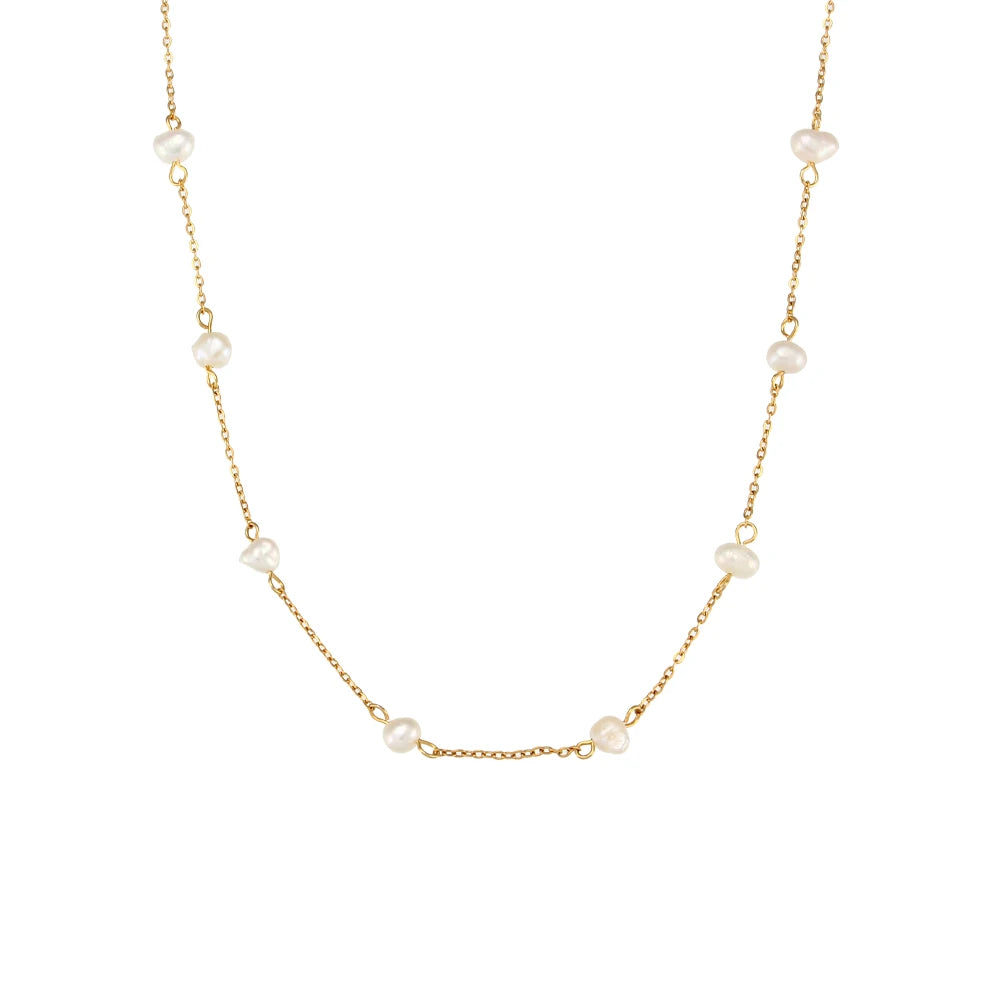 Elegant Baroque Freshwater Pearl Beaded Necklaces Romantic 18K Gold Plated Stainless Steel Chain Necklace for Women Wedding