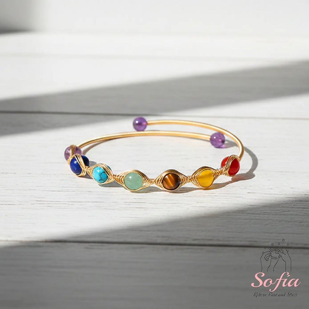 Chakra Bracelet - 14K Gold Plated Wire Wrapped Bangle - Crystal Bracelets Boho Style Jewelry Adjustable, Mother'S Day Gift