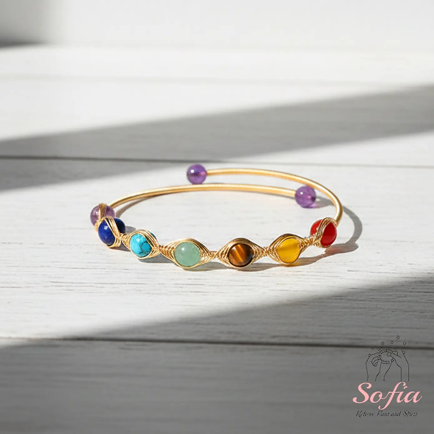 Chakra Bracelet - 14K Gold Plated Wire Wrapped Bangle - Crystal Bracelets Boho Style Jewelry Adjustable, Mother'S Day Gift
