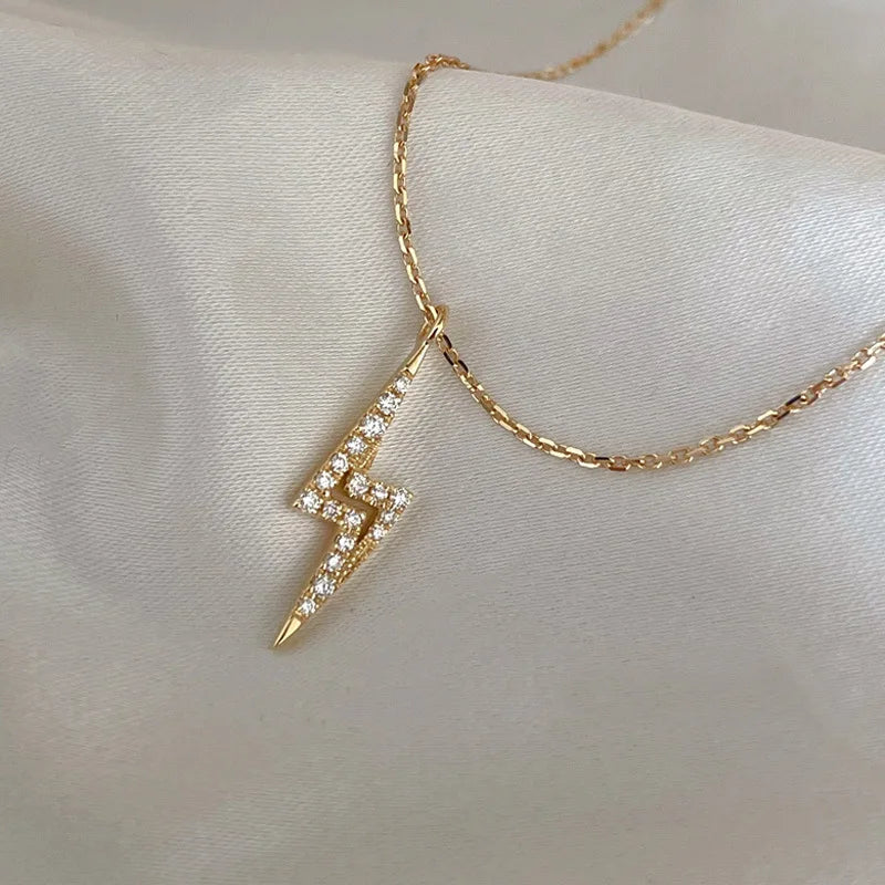 925 Sterling Silver Shiny Zircon Lightning Pendant Necklace for Women Korea 14K Gold Plated Temperament Jewelry Gift