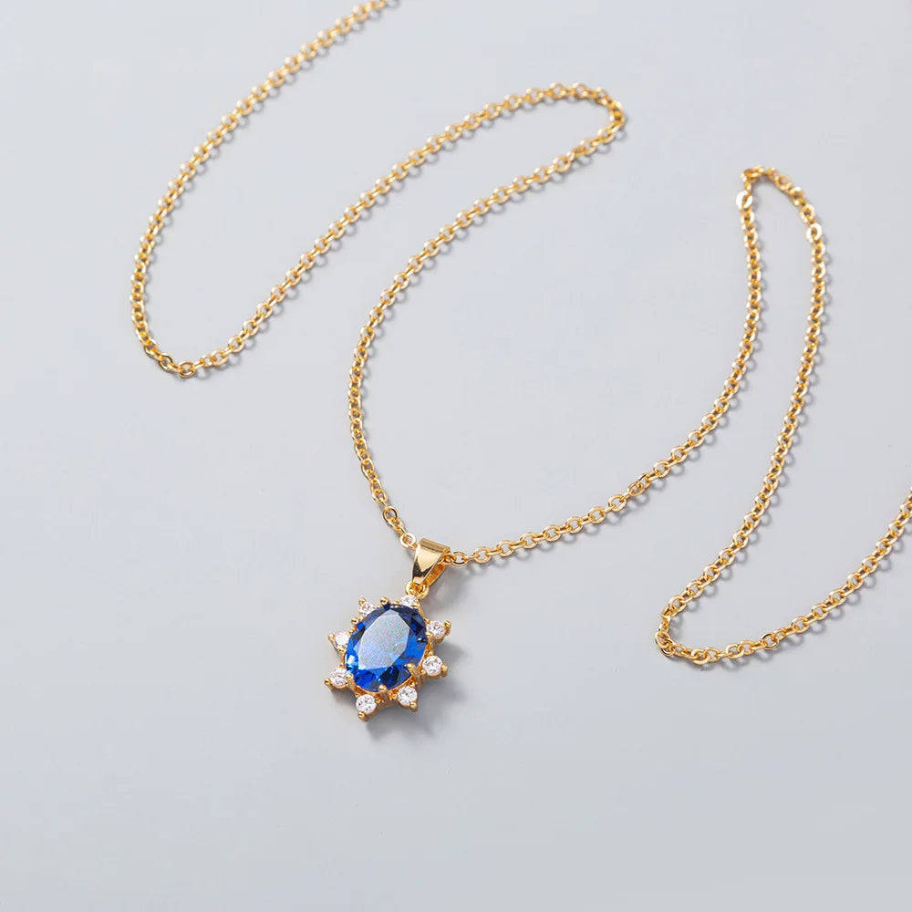 Simple Fresh Blue Red Crystal Stone Sun Flower Pendant Necklace for Women Female Fashion Clavicle Chain Jewelry Girl Party Gift