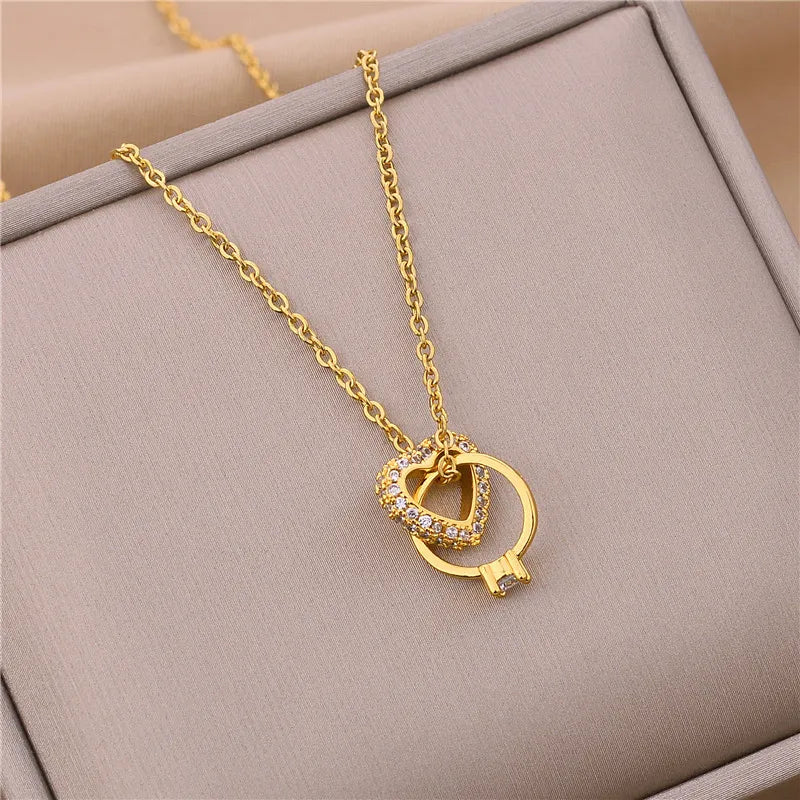 New in Light Luxury Zircon Crystal Stainless Steel Necklaces for Women Korean Fashion Sweet Sexy Female Clavicle Chain Jewelry
