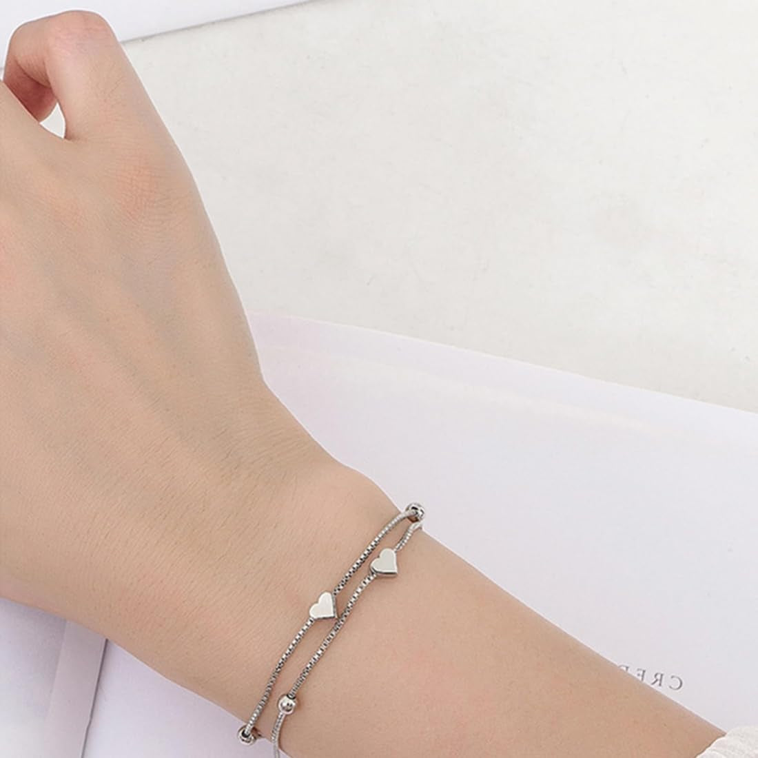 Bracciale Da Donna in Argento 925, Con Cuore, Regolabile, Idea Regalo per Donne E Ragazze (Argento)