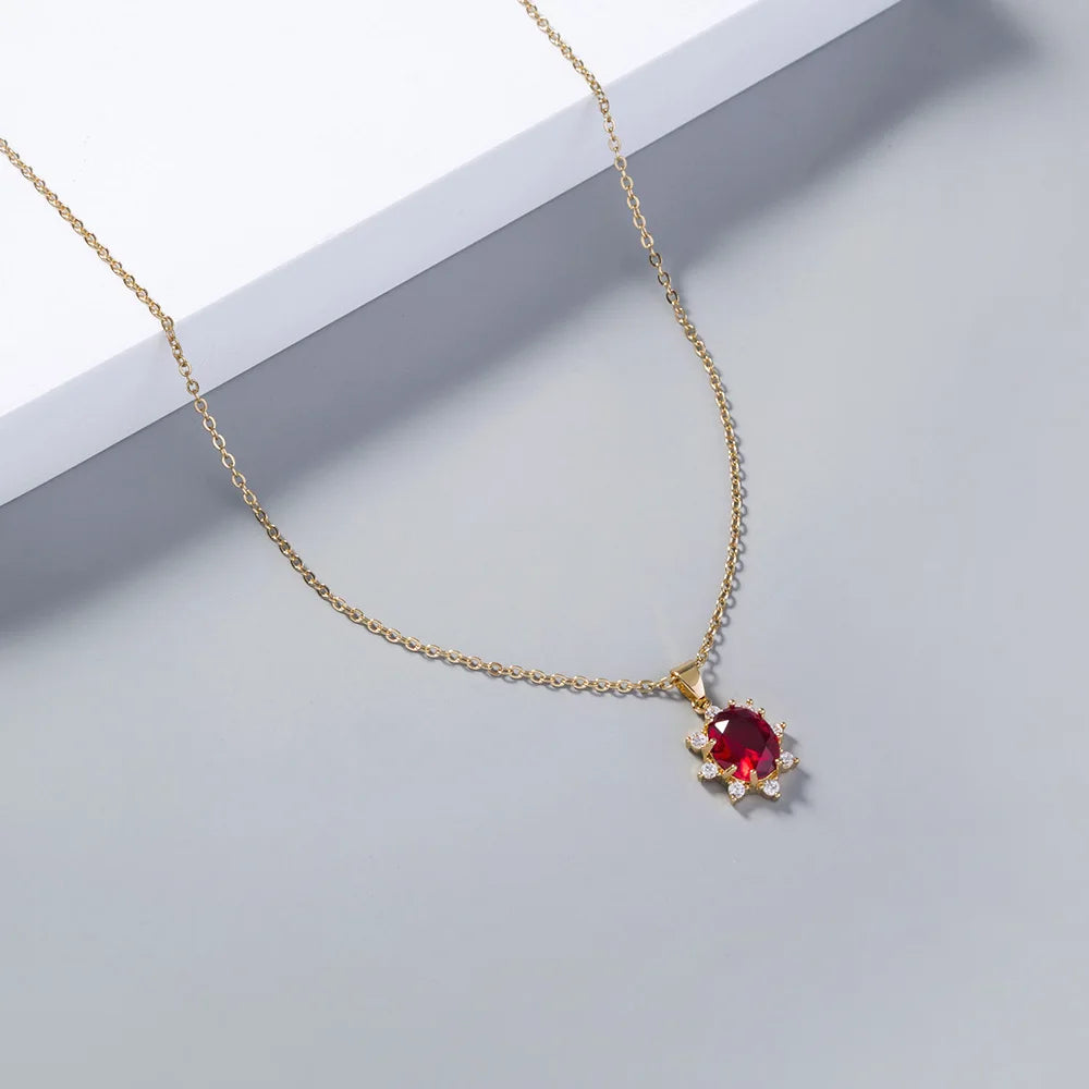 Simple Fresh Blue Red Crystal Stone Sun Flower Pendant Necklace for Women Female Fashion Clavicle Chain Jewelry Girl Party Gift