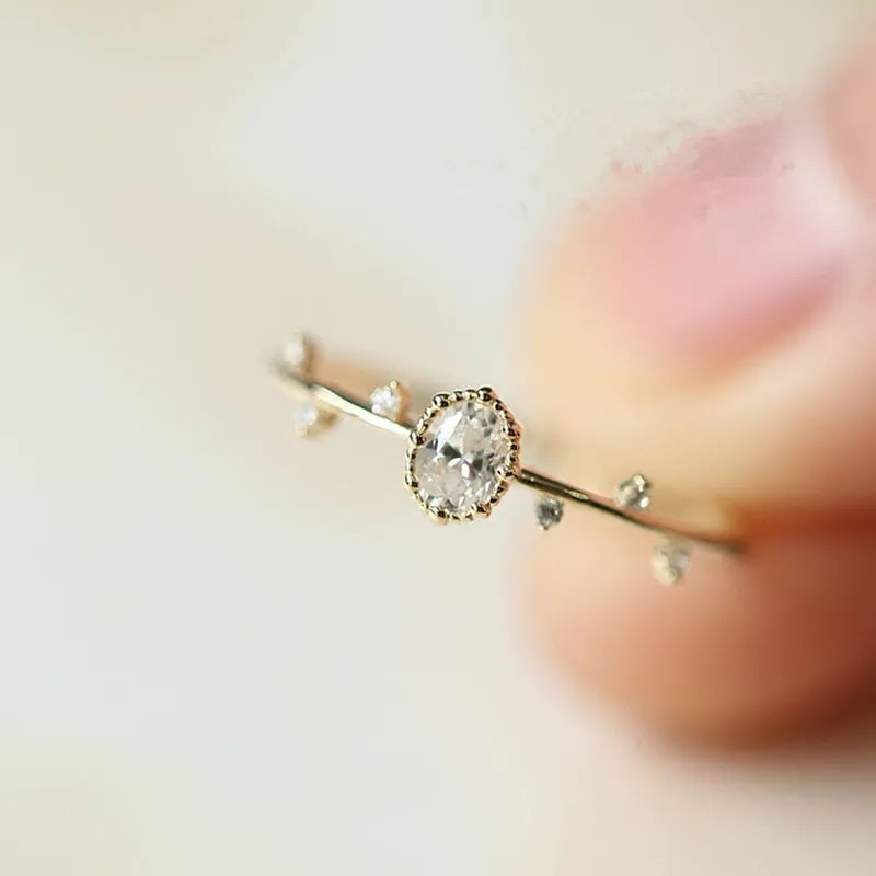 Korea Exquisite Inlaid Zircon Twigs Small Leaves Ring 925 Sterling Silver 14K Gold Plated Ring for Women Jewelry Gift