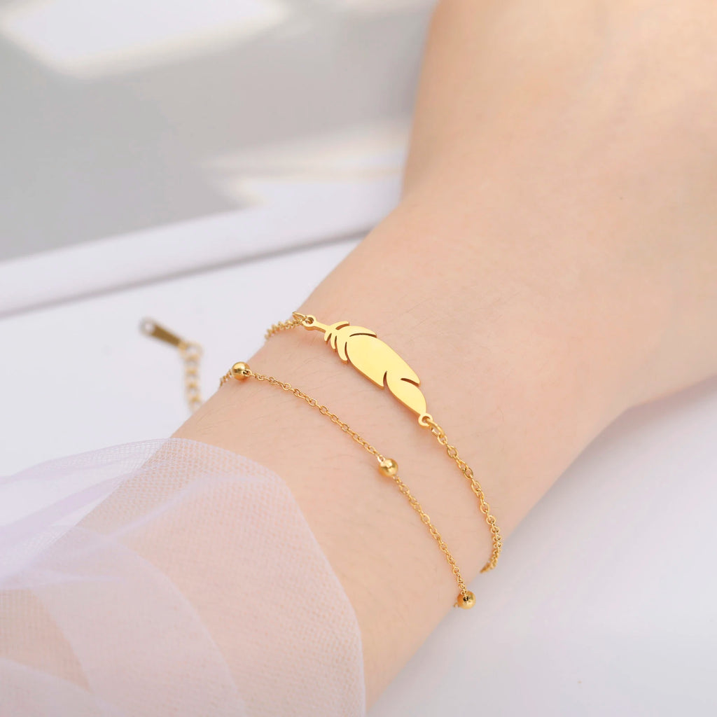 Stainless Steel Women Bracelet a Feather Pendant Double Layer Bead Chain 2022 New Trend Jewelry Birthday Gift