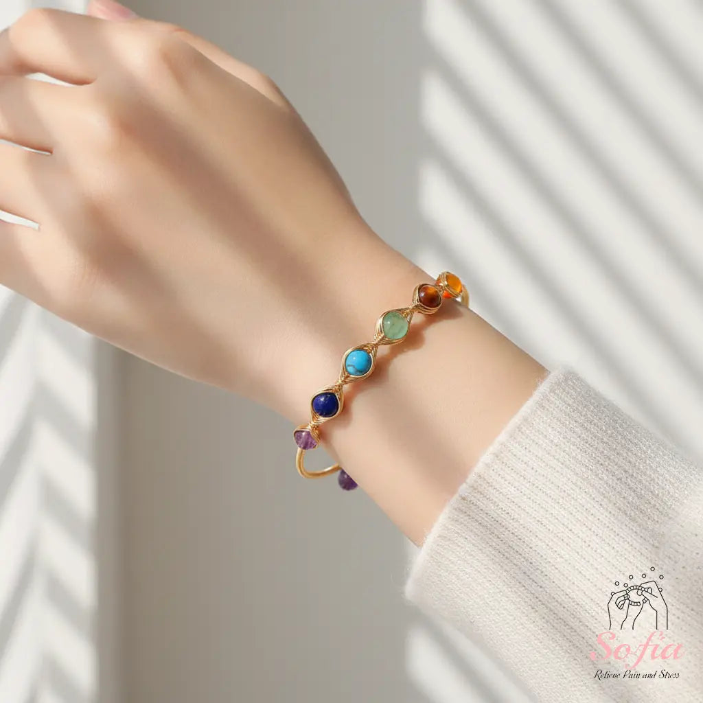 Chakra Bracelet - 14K Gold Plated Wire Wrapped Bangle - Crystal Bracelets Boho Style Jewelry Adjustable, Mother'S Day Gift