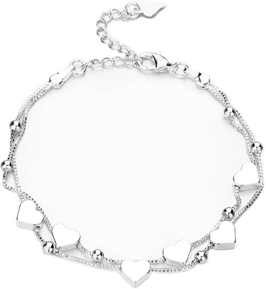 Bracciale Da Donna in Argento 925, Con Cuore, Regolabile, Idea Regalo per Donne E Ragazze (Argento)