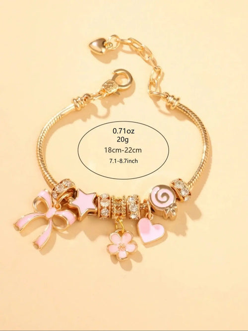 Cute Bow & Heart & Flower Design Charm Bracelet, Rhinestone Decorated Bracelet for Women & Girls, Trendy All-Match & Exquisite Jewelry for Birthday Gift, Rhinestone Decorated Bangle