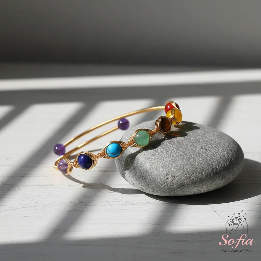 Chakra Bracelet - 14K Gold Plated Wire Wrapped Bangle - Crystal Bracelets Boho Style Jewelry Adjustable, Mother'S Day Gift