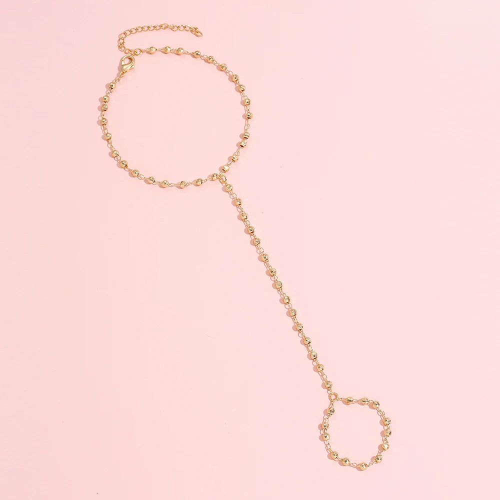 Creative Faceted Beaded Chain Bracelet Finger Ring Minimalist Gold Plated Beads Connecting Hand Harness Women Fashion Jewelry