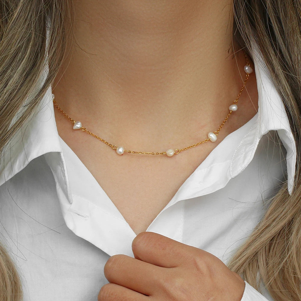 Elegant Baroque Freshwater Pearl Beaded Necklaces Romantic 18K Gold Plated Stainless Steel Chain Necklace for Women Wedding