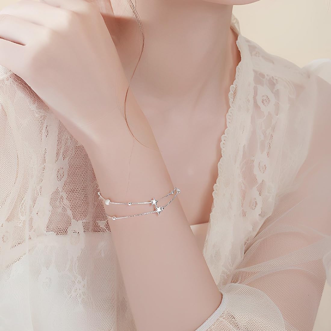 2 in 1 Bracciale Donna Argento, Catena Stella, Bracciali Amicizia, Gioielli, Regolabile, Regalo Donna Compleanno.