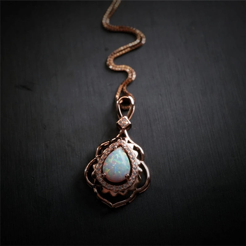 Fashion Big Water Drop White Opal Pendant Necklace for Women Luxury Rose Gold Color Crystal Flower Necklace Jewelry Dropshipping