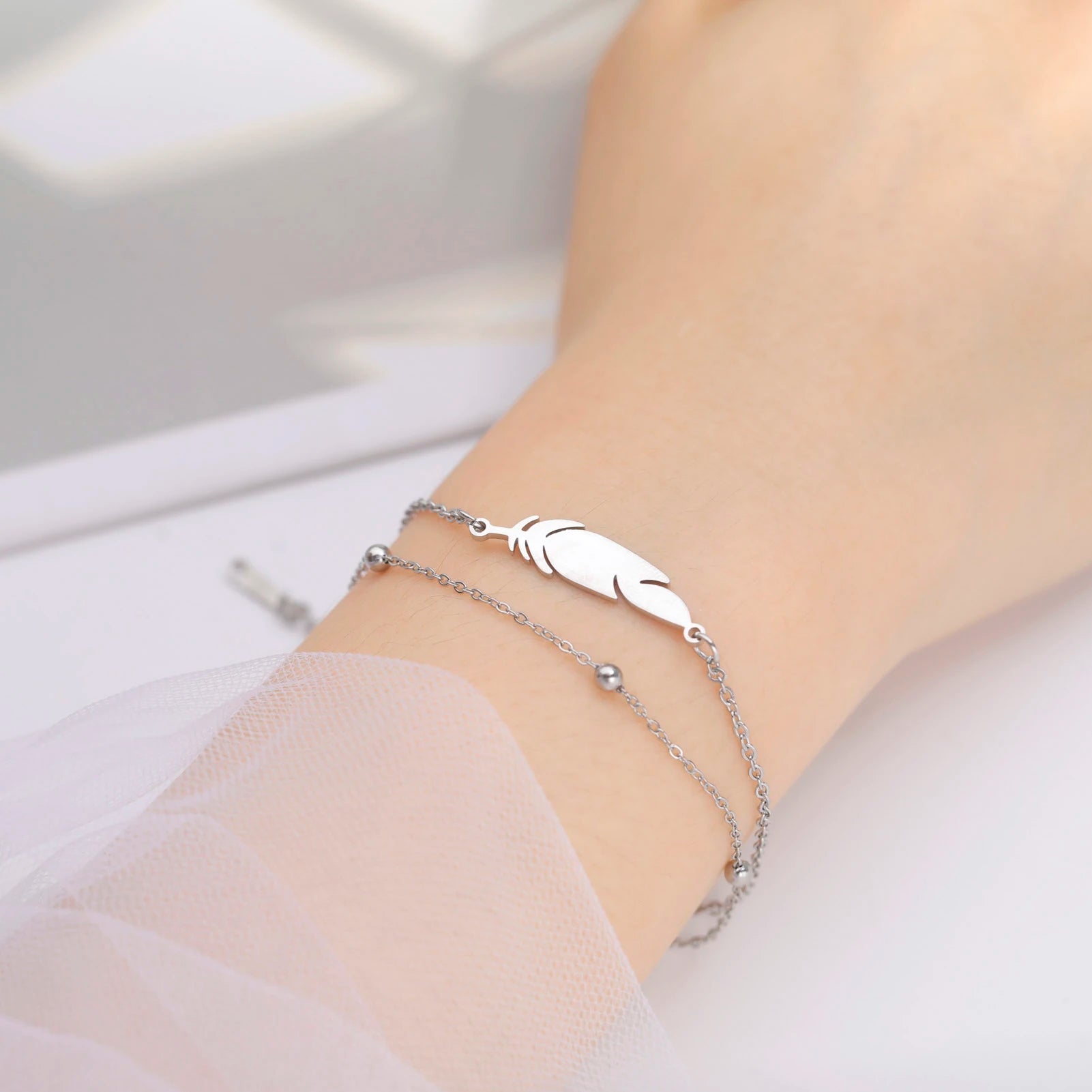 Stainless Steel Women Bracelet a Feather Pendant Double Layer Bead Chain 2022 New Trend Jewelry Birthday Gift