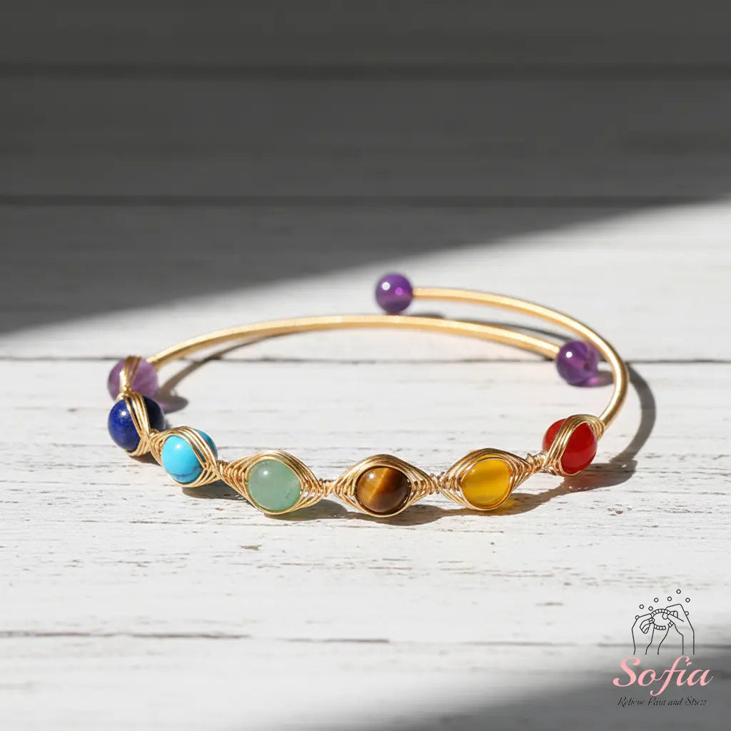 Chakra Bracelet - 14K Gold Plated Wire Wrapped Bangle - Crystal Bracelets Boho Style Jewelry Adjustable, Mother'S Day Gift