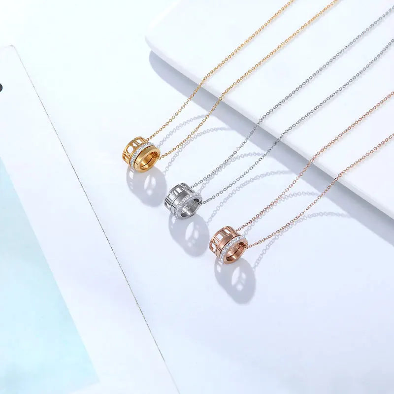 Famous Brand Three Circles Full Zircon Hollow Roman Number Pendant Necklace Stainless Steel Jewelry Necklace Women Party Gift