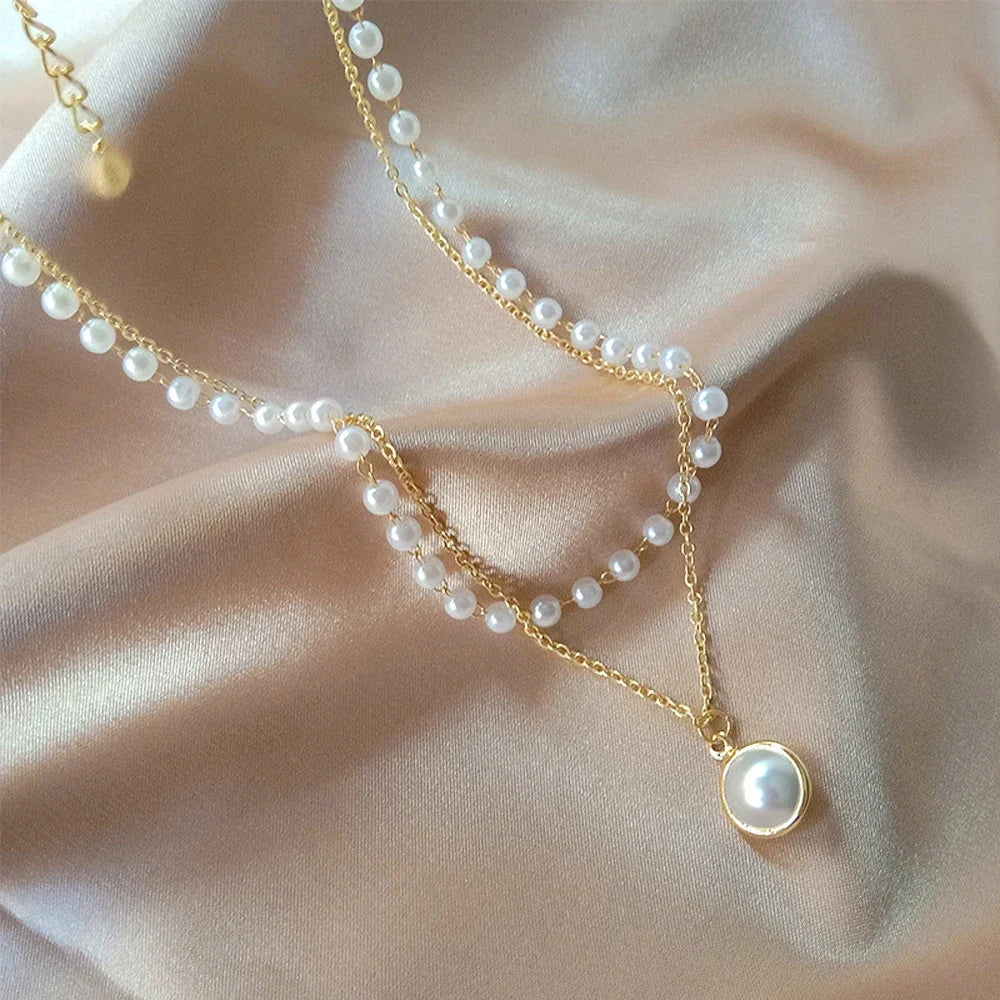 2024 New Fashion Kpop Pearl Choker Necklace Cute Double Layer Chain Pendant for Women Jewelry Girl Gift
