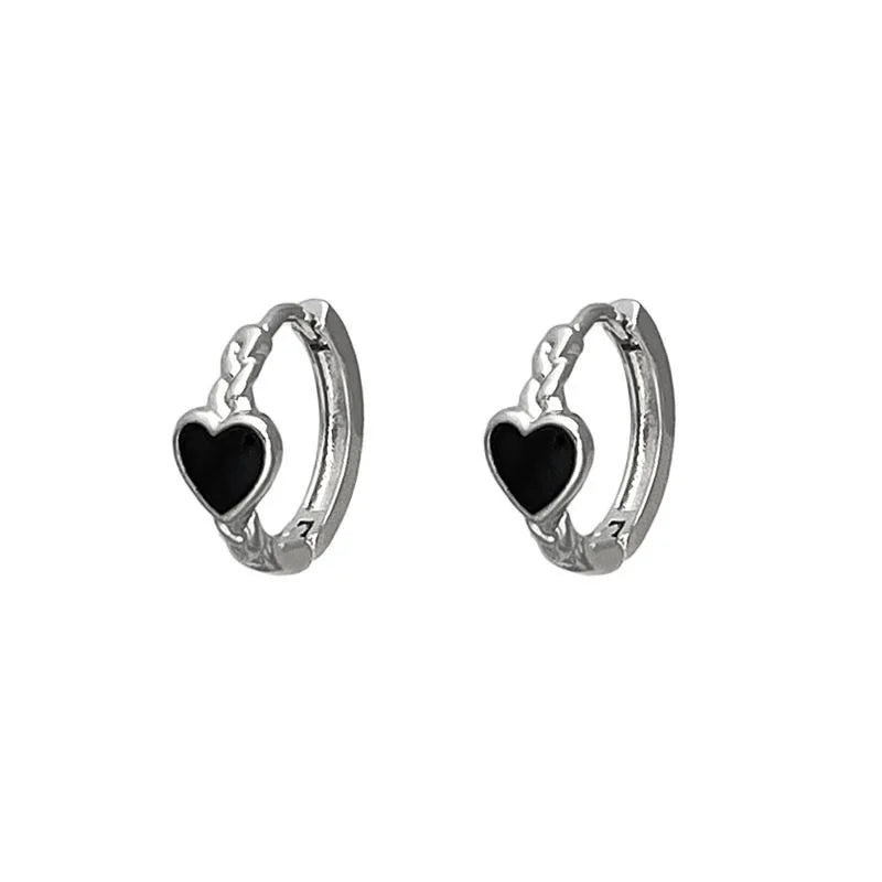 Korean Black Twisted Silver Color Hoops Earrings Love Heart Circle Earrings for Women Simple Cool Party Jewelry Accessories Aros